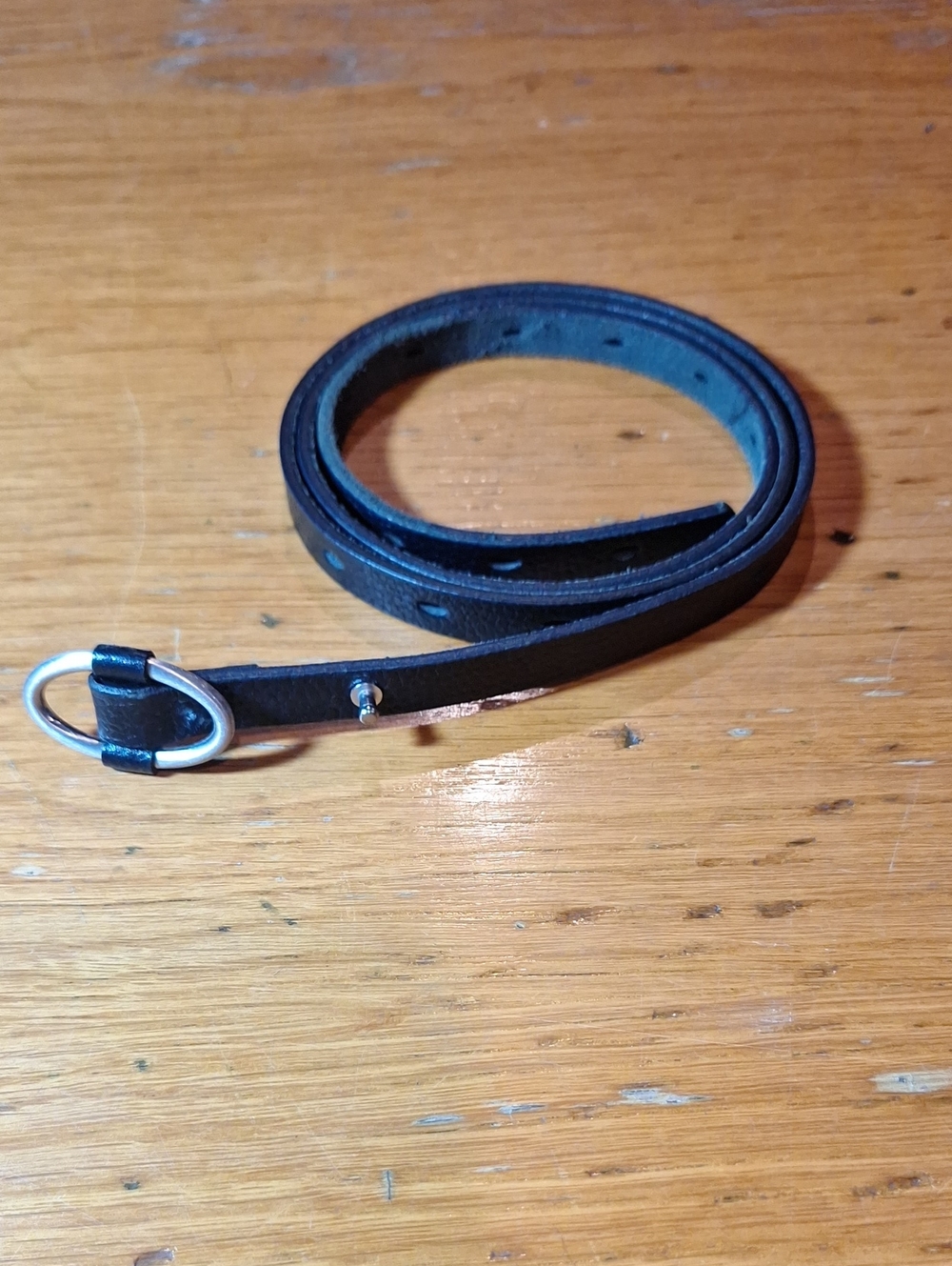 Talbots Slim Black Leather Wrap Belt with Silver Ring